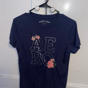 Blue AERO t shirt embroidered flowers